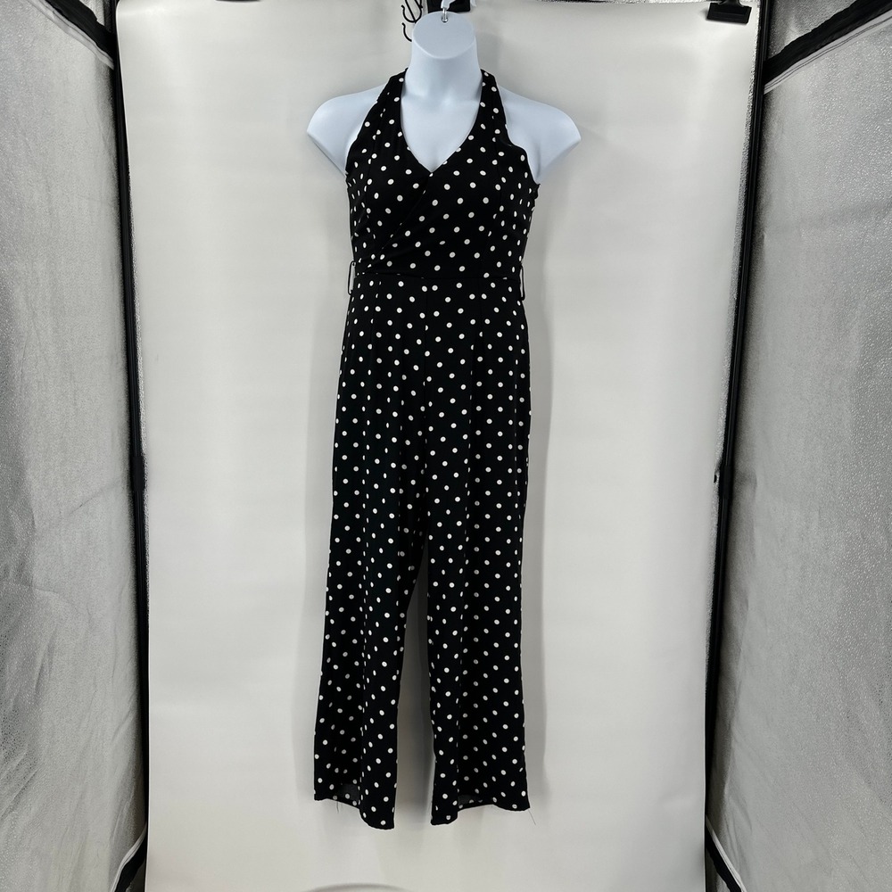 Retro Polka Dot Halter Jumpsuit Small Black White Wide Leg 70s Party Cocktail